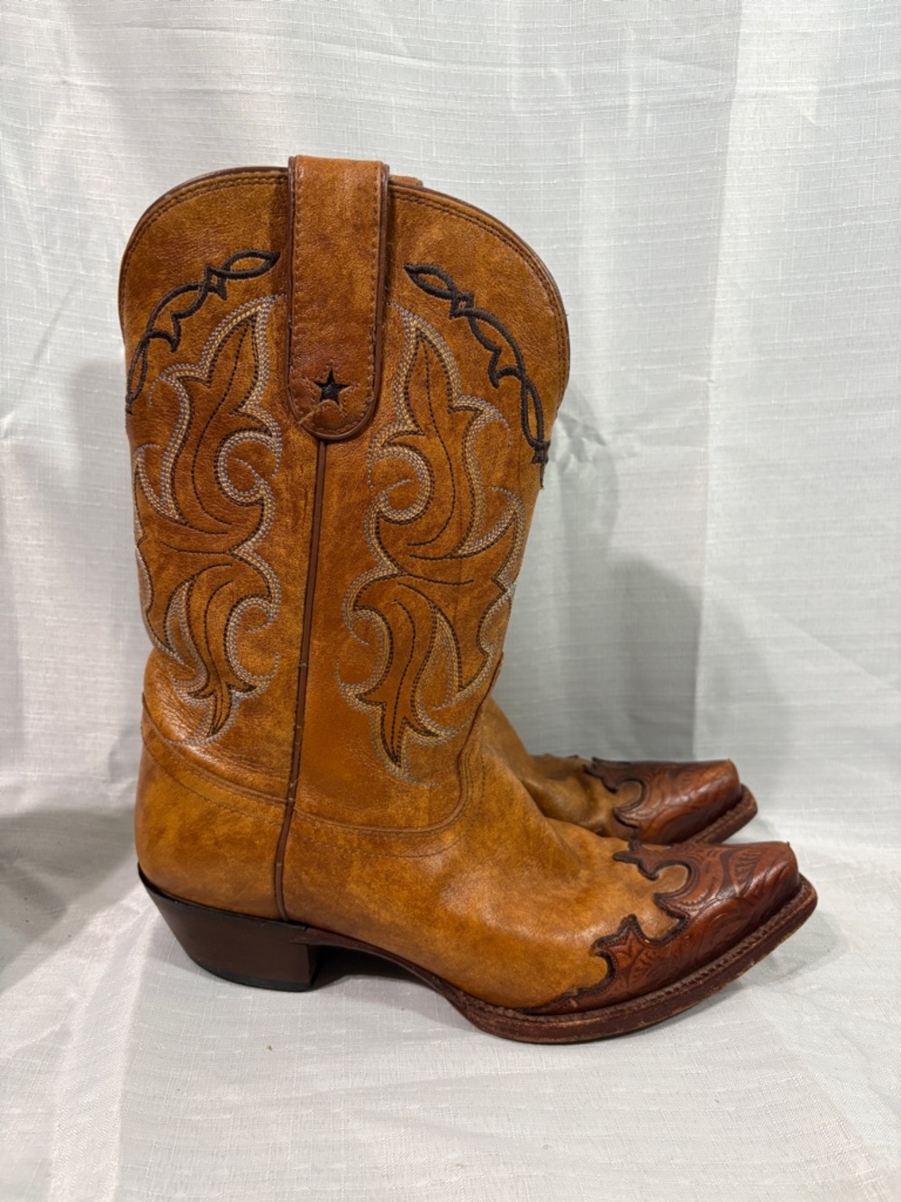 Tony Lama Brown Western Leather Cowboy Boots with Embroidered Shaft